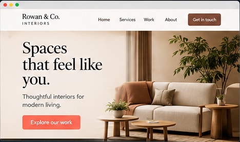 Illustration: a website for an interiors business, with its headline, menu and a button to get in touch.